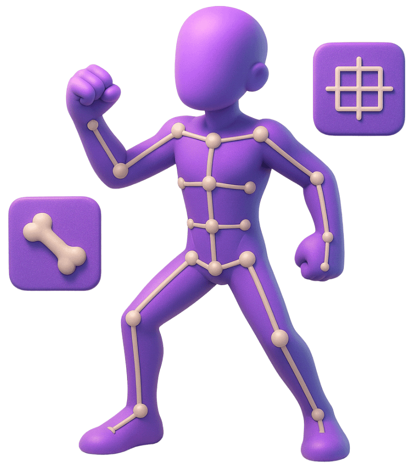 Game art character rigging showing skeletal systems enabling natural character movement