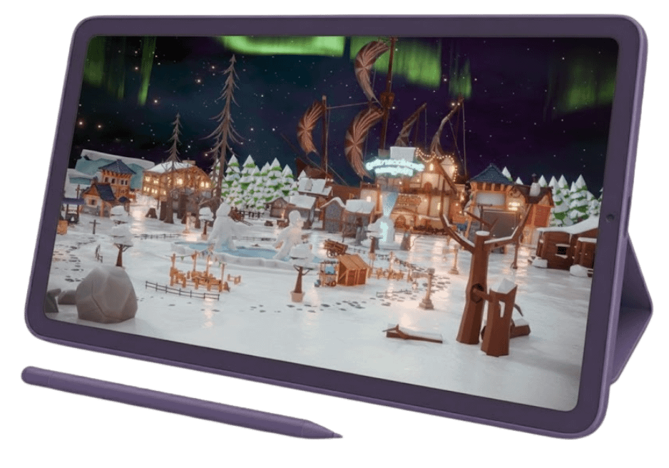 3D environmental animation of a snowy medieval town with northern lights