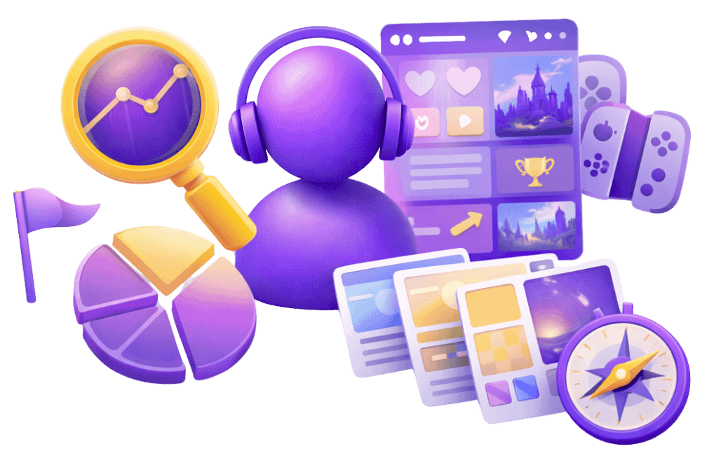 3D purple player avatar with headphones surrounded by analytics charts, game UI screens, mood boards, a controller, and compass for UI/UX player context analysis