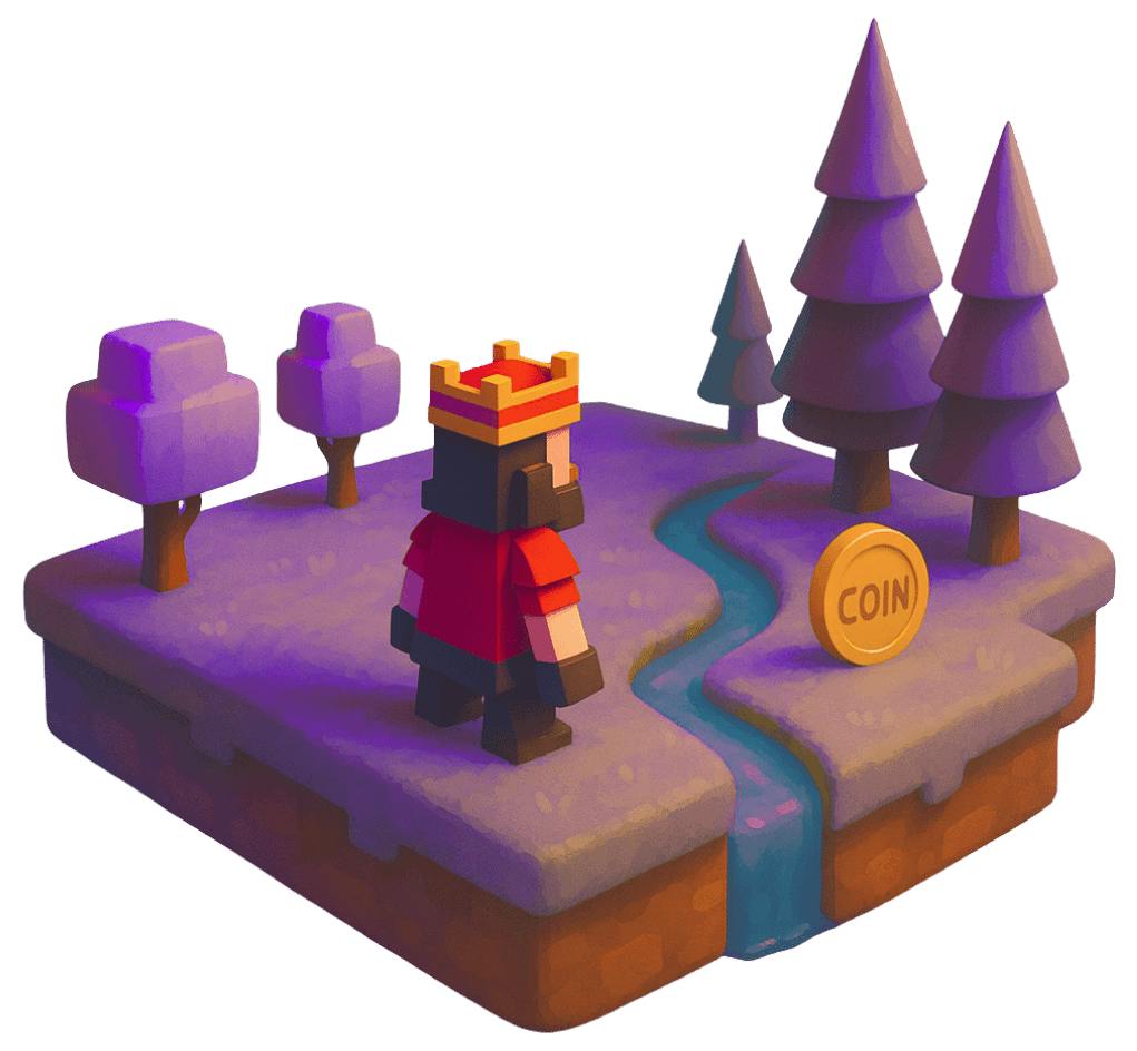 Concept Art Level Design Concept art level design with low-poly character, trees, winding river, coin collectible, and castle tower