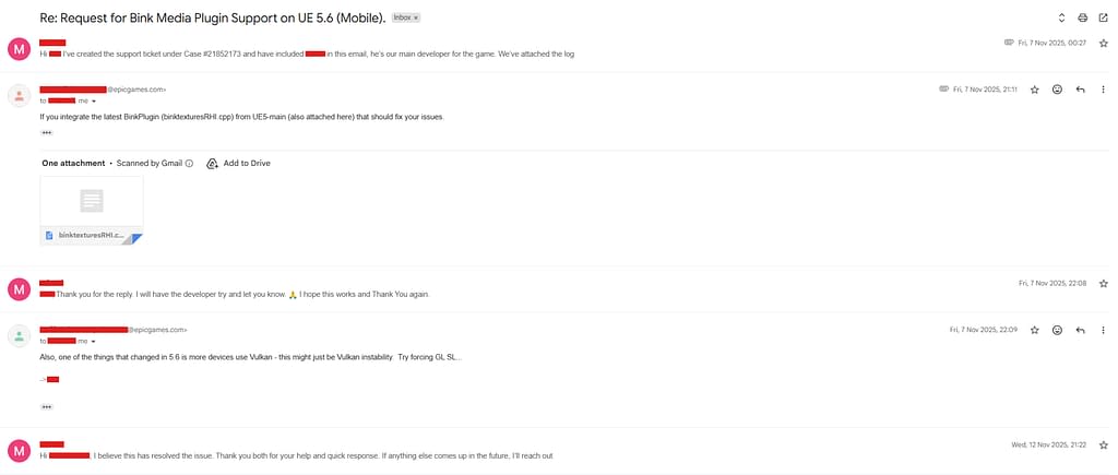 Challenges We Overcame While Migrating From Unreal Engine 5.3 to 5.6 2 Email thread showing Unreal Engine 5.6 mobile development technical support for Bink Media Plugin compatibility issue