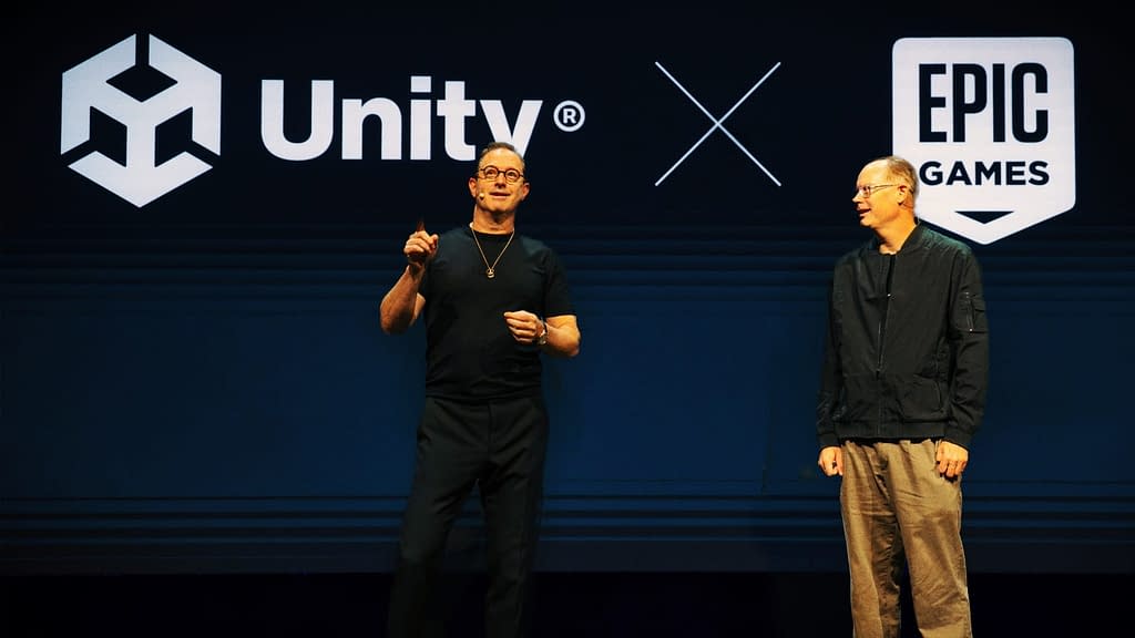 Unity and Epic Games executives announcing historic partnership at Unite 2025 conference with company logos collaboration