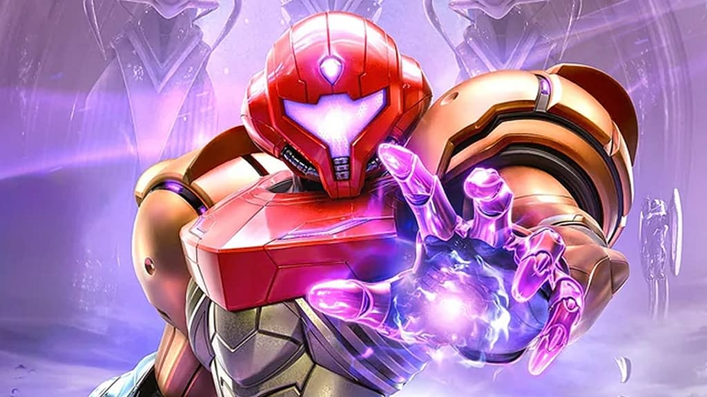 Samus Aran in Power Suit displaying purple psychic energy powers in Metroid Prime 4 Beyond gameplay showing new abilities