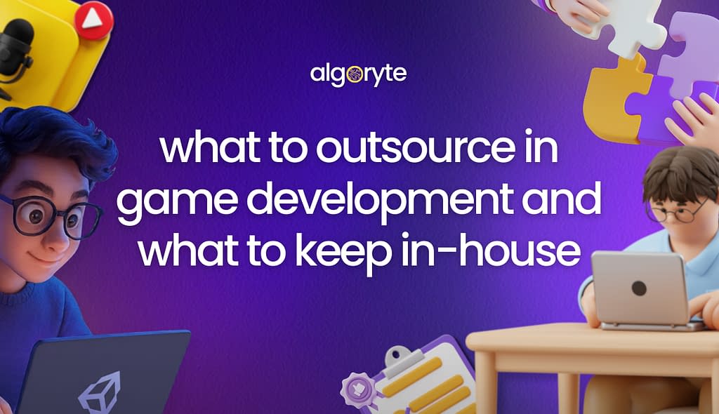 What to Outsource in Game Development and What to Keep In-House 1 Game developers collaborating with Unity logo and puzzle pieces representing outsourcing decisions in game development