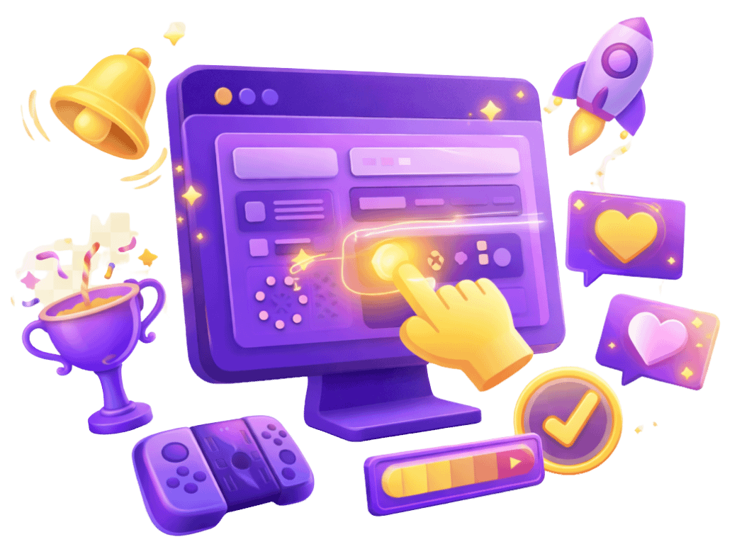 3D purple monitor with a glowing tap interaction illustrating UI/UX animation and feedback design, surrounded by game elements like a trophy, bell, hearts, and progress bar