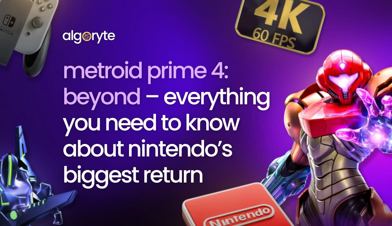 Samus Aran in Power Suit with Nintendo Switch console and 4K 60 FPS badge showing Metroid Prime 4 Beyond cross-gen release