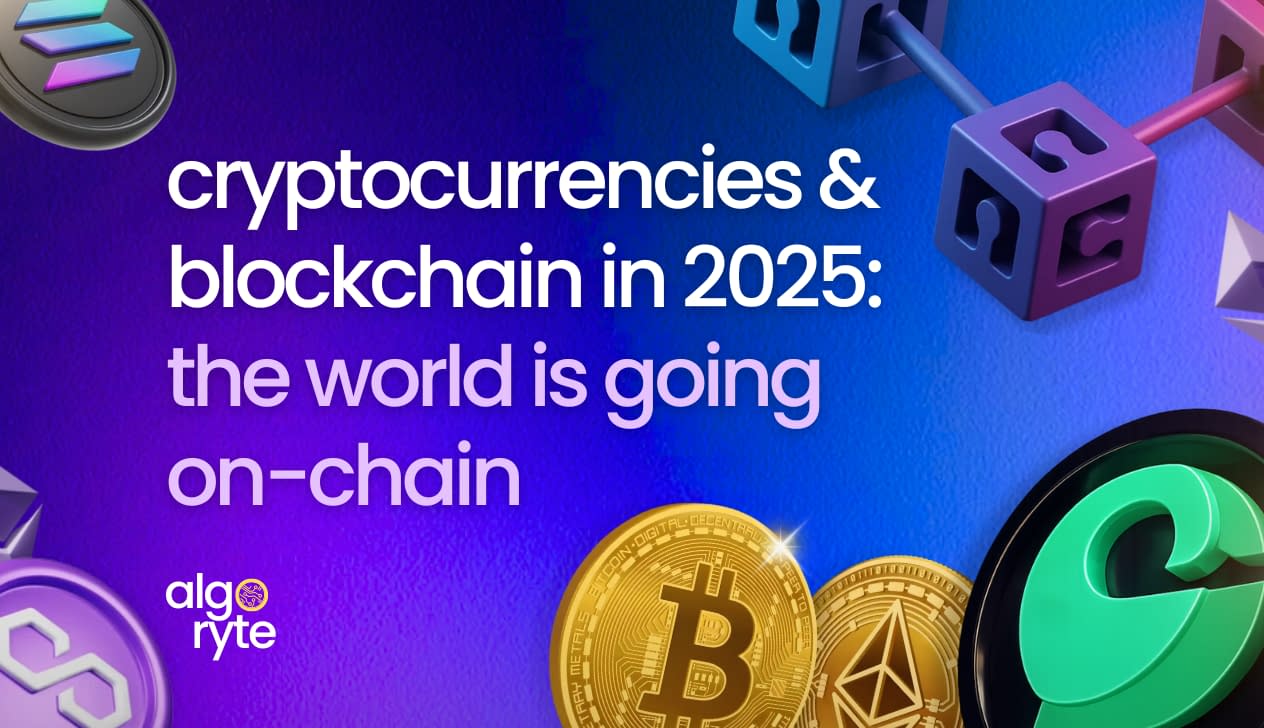 Cryptocurrencies and blockchain in 2025 with Bitcoin and Ethereum coins, digital locks, and holographic symbols showing on-chain adoption and Web3 technology