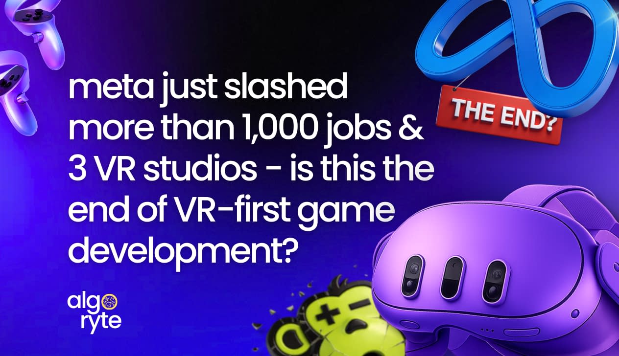 Meta closing VR studios graphic with Meta Quest headset, controllers, and text asking if this is the end of VR-first game development after 1,000+ job cuts