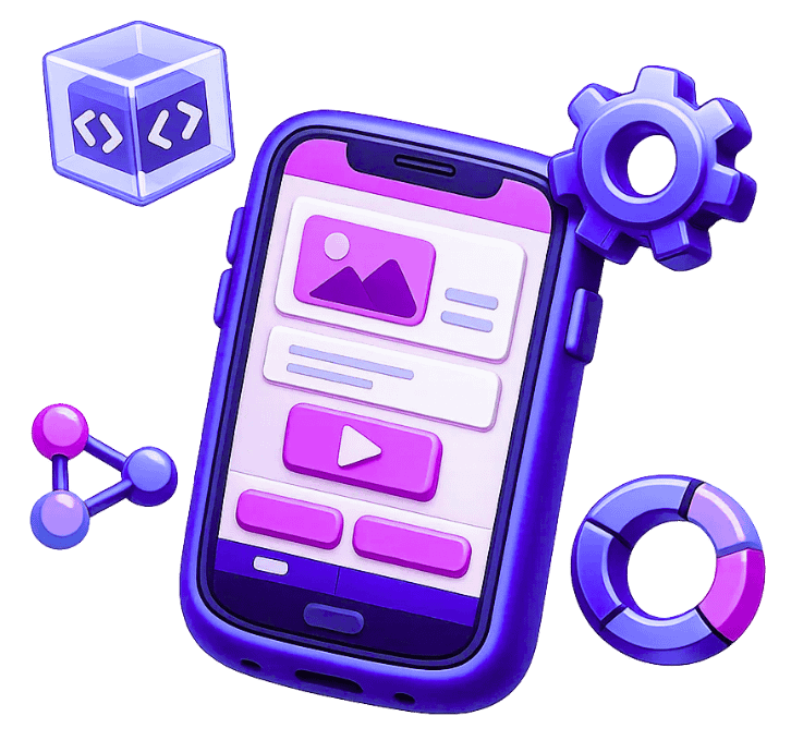 Augmented reality and virtual reality application development showing mobile interface with coding elements, settings gear, analytics chart, and media content