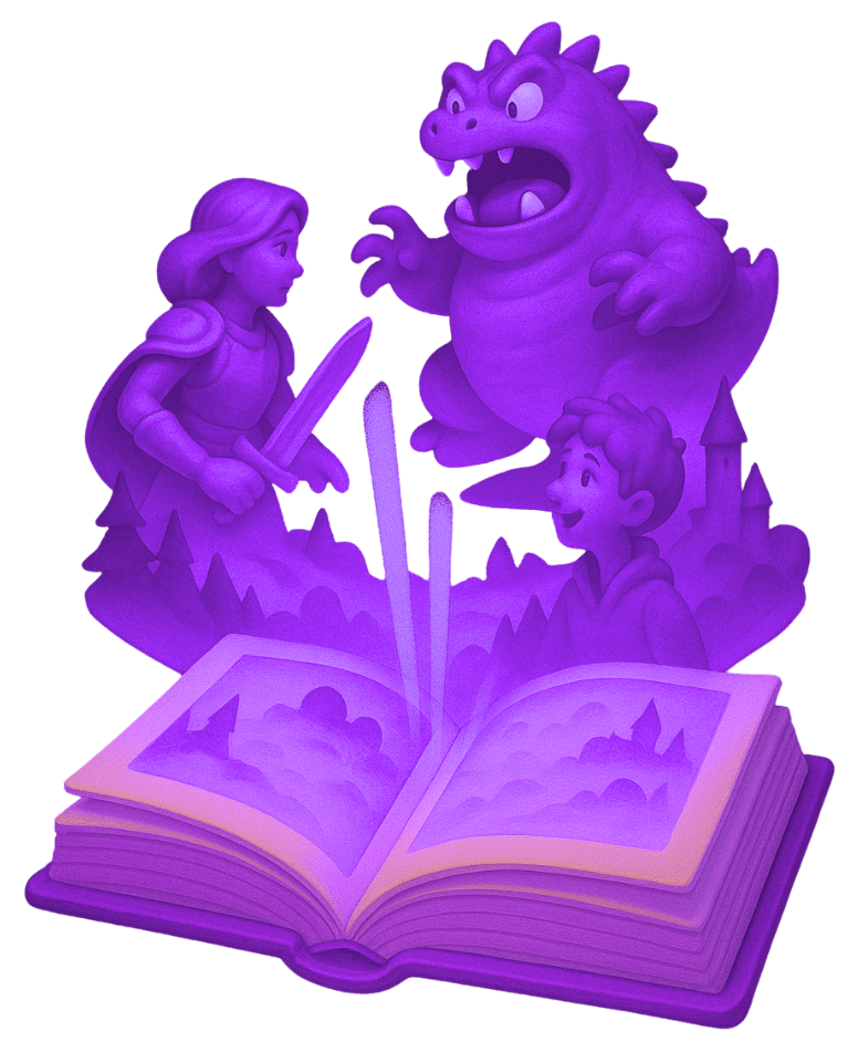 2D game art styles in fantasy design with storybook featuring princess, dragon, and adventure scene in purple monochromatic illustration