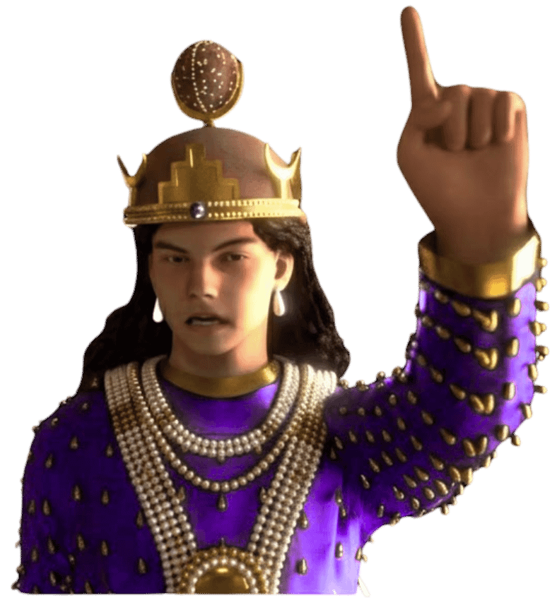 3D character animation of a crowned king game character pointing upward