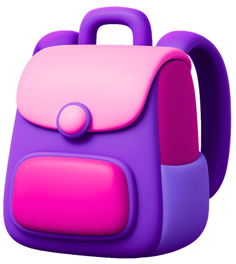 2D game art prop design featuring colorful school backpack with pink and purple colors, pockets, and straps for educational game assets