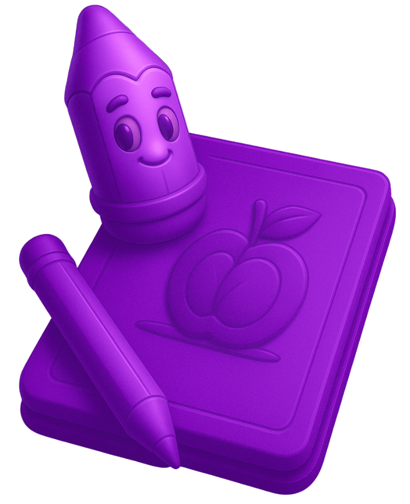 2D game art sketching and line art concept with purple crayon character drawing apple illustration on canvas for game design development