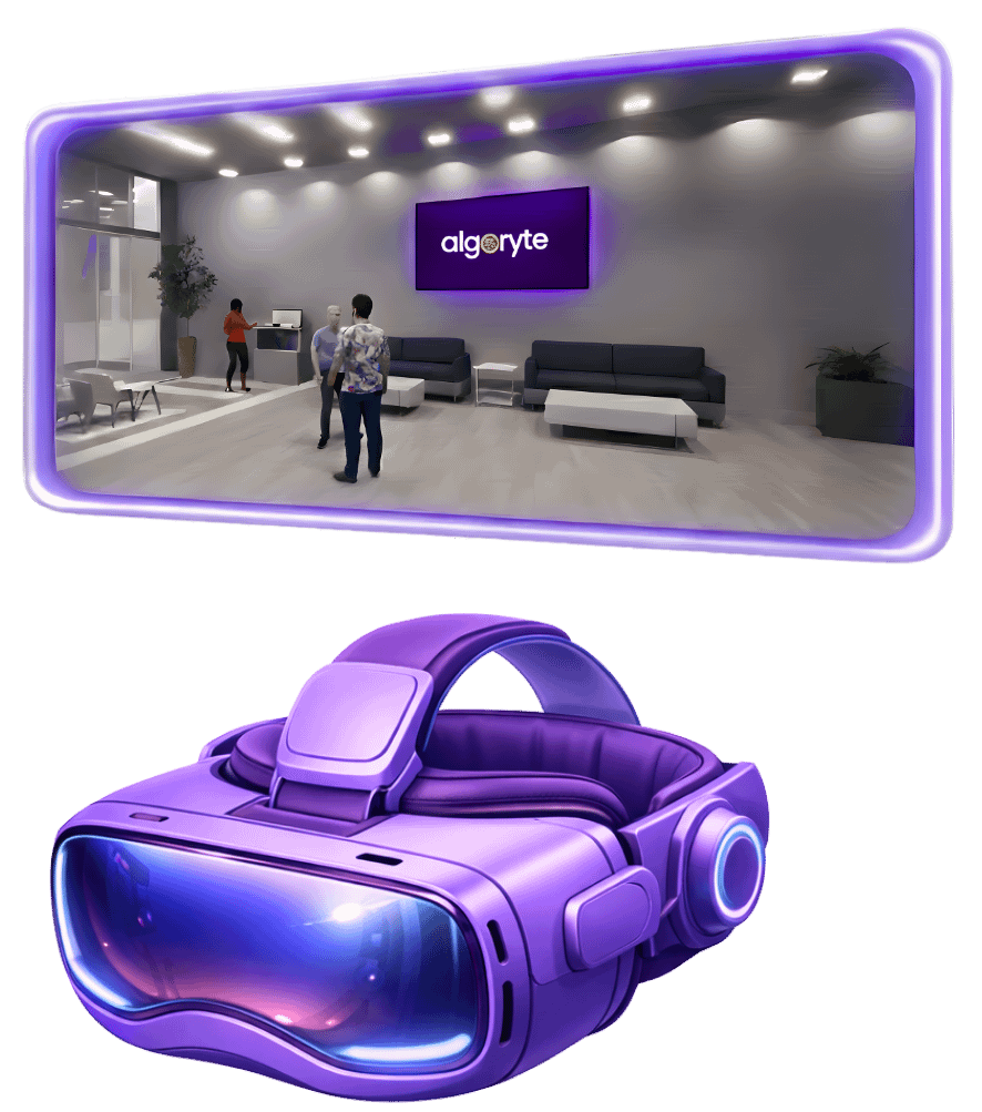 Virtual reality headset with immersive 3D environment showing office reception area with Algoryte branding and architectural visualization
