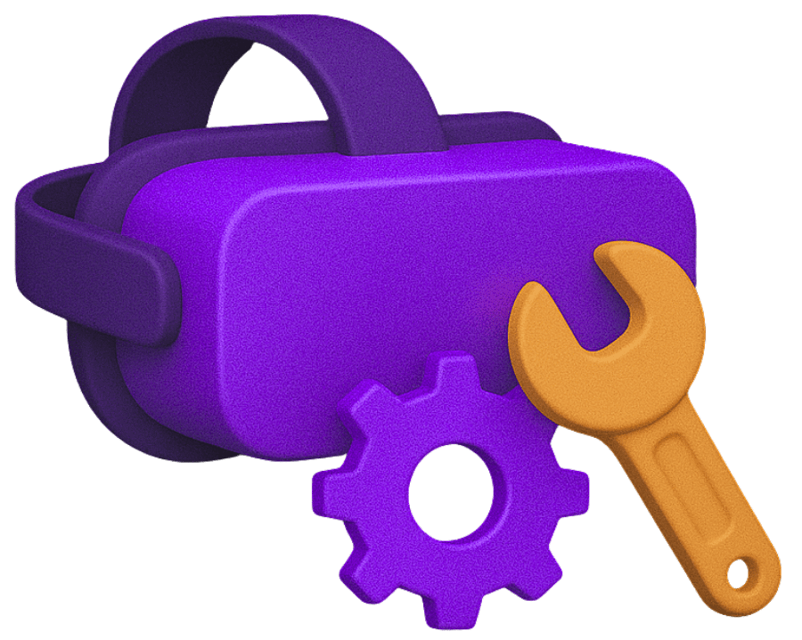 Virtual reality headset with maintenance tools and gear icon