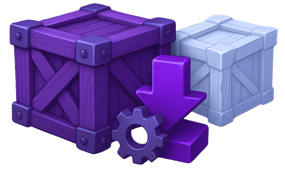 2D game art asset export and delivery in engine-ready formats with wooden crates and download icon for Unity, Unreal, and Godot integration