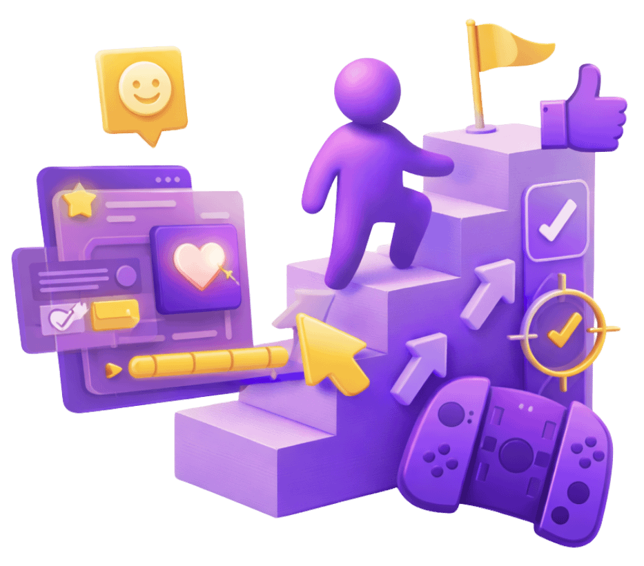 3D purple figure climbing steps representing a UI/UX player progression flow, surrounded by game interface elements including a cursor, controller, and achievement icons