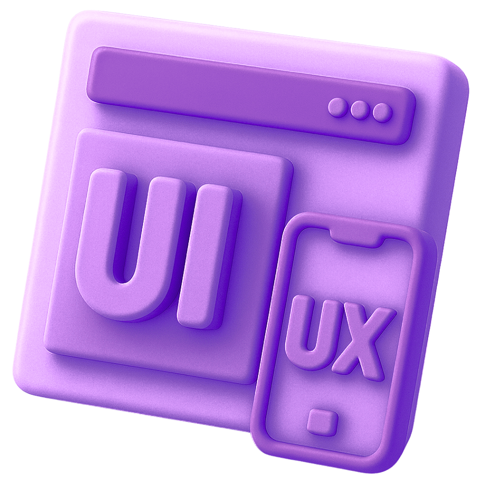 2D game art UI UX design interface with purple navigation elements, menu bars, mobile screen, and user experience components