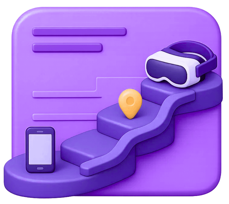 XR user migration pathway from smartphone to VR headset with location marker