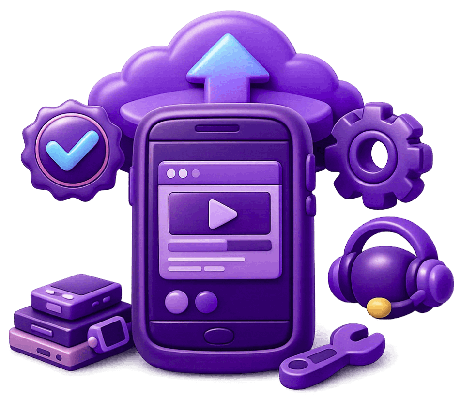 Augmented reality and virtual reality deployment showing cloud upload, quality assurance checkmark, settings configuration, audio integration, gaming devices, and controller support