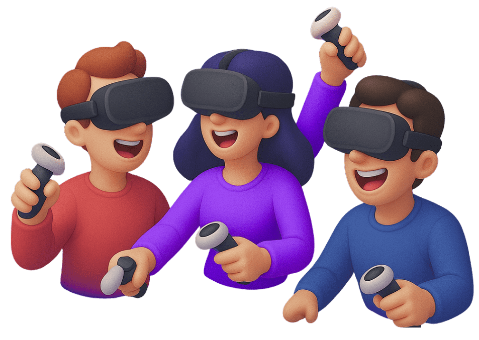 Three users enjoying virtual reality multiplayer experience
