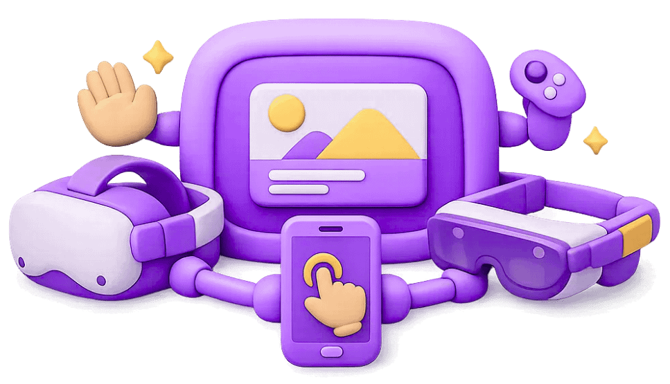 Cross-reality character with VR headset, AR glasses, smartphone showing unified extended reality experience design