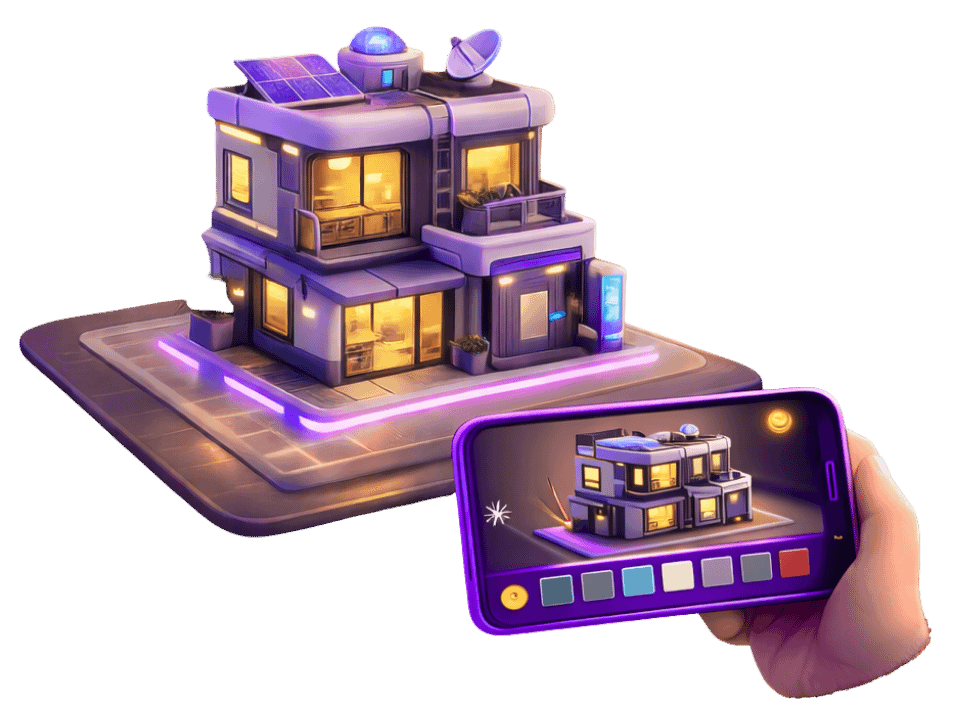 Augmented reality application displaying 3D architectural model of modern house on smartphone and tablet with solar panels, satellite dish, and interior lighting visible