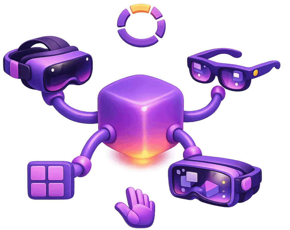 Extended reality ecosystem showing VR headsets, augmented reality glasses, hand gesture controls, and mixed reality applications connected to central platform with loading indicator
