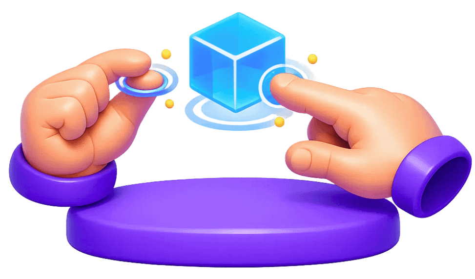 MR hand gesture controls manipulating 3D cube with touch points