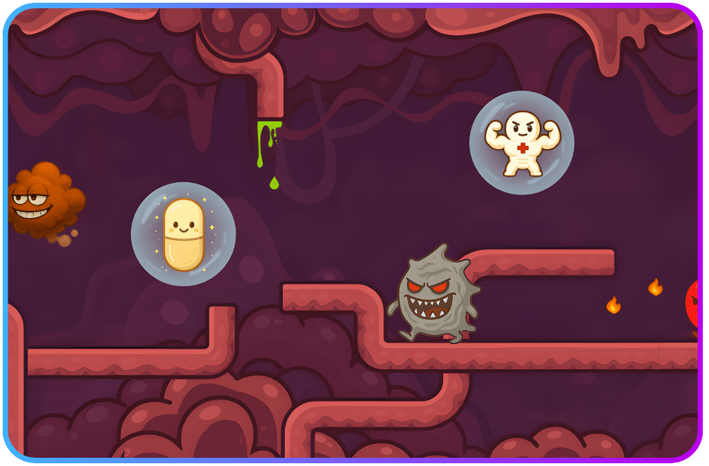 Educational Game Human Digestive Tract Level 03 Bladder Defender, an educational game showing a human digestive tract as the game's level 02 with probiotics, antibodies, and bacterial amoeba
