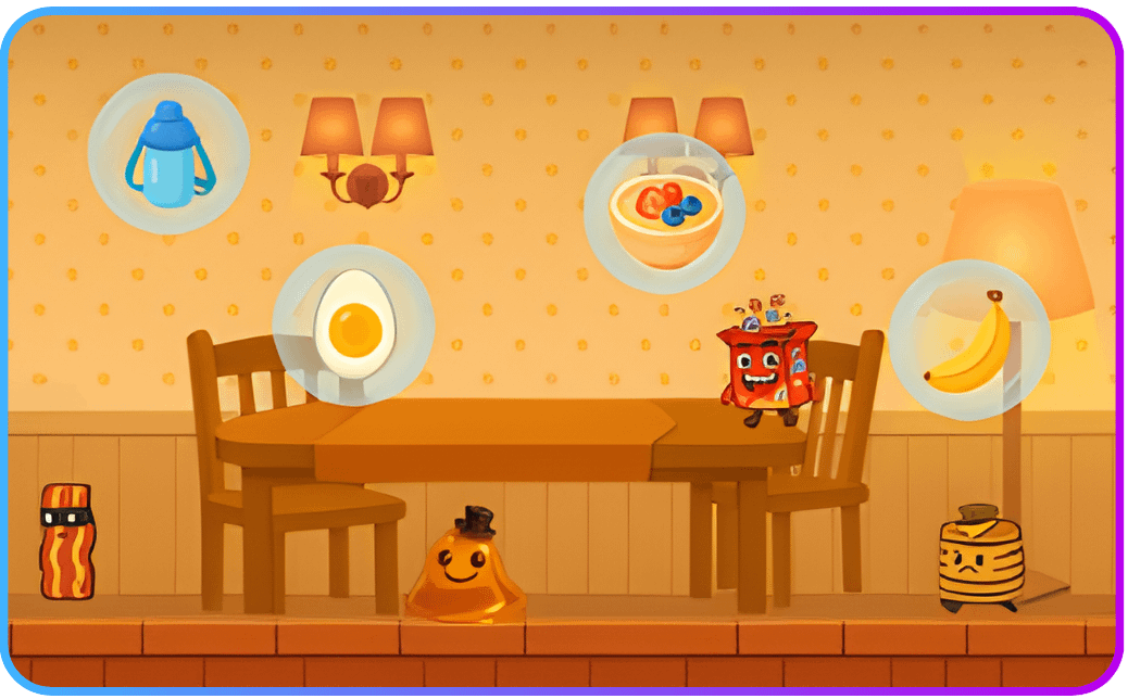Educational Game Home Kitchen Level 01 Bladder Defender, an educational game showing a home kitchen as the game's level 01 with healthy and unhealthy breakfast items