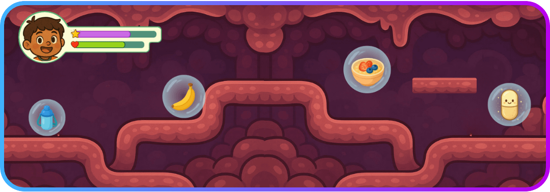 Educational Game Confidence Meter System Bladder Defender, an educational game showing a confidence meter system in one of the level 03 scenes