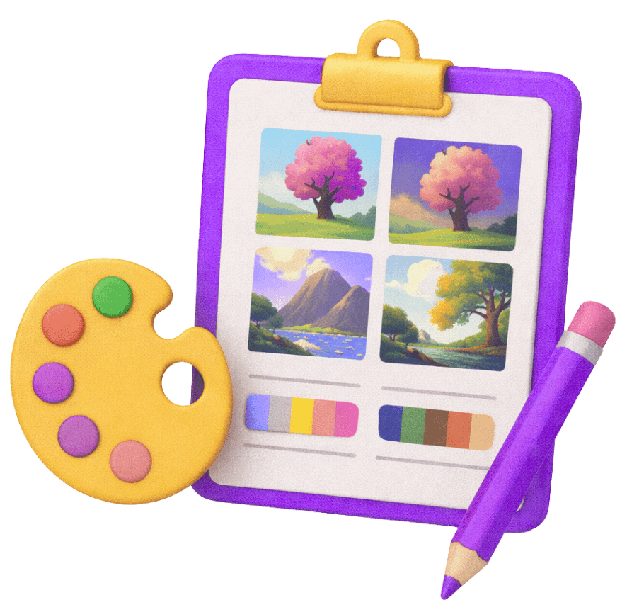 Game art services art direction and style selection with a clipboard showing landscape concept art samples, color palettes, an artist palette, and a pencil