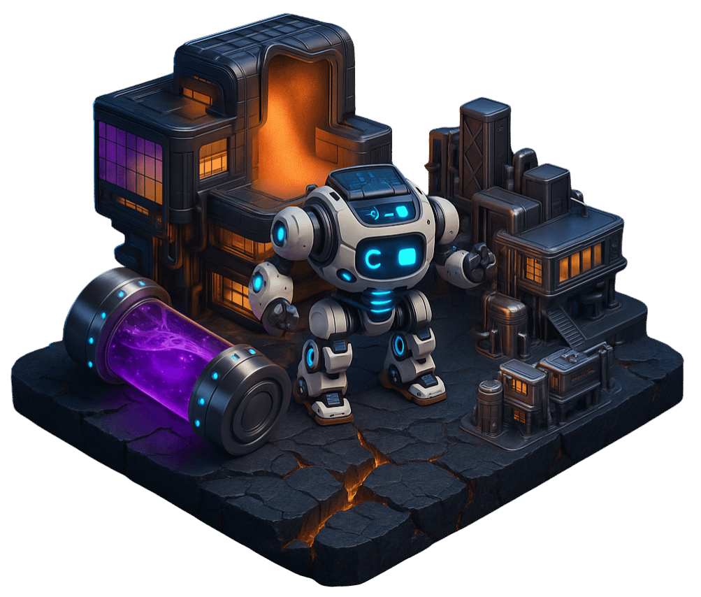 3D game world design with a robot standing in a futuristic, post-apocalyptic space