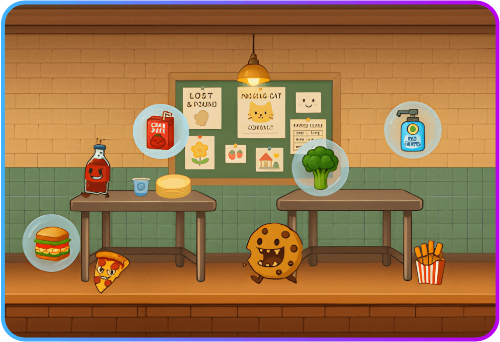 Bladder Defender, an educational game showing a school cafeteria as the game's level 02 with healthy and unhealthy lunch items