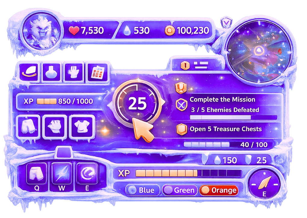 Mobile game art and UI/UX design example featuring fantasy RPG interface with custom HUD design, mission tracking system, and character progression elements in purple ice theme