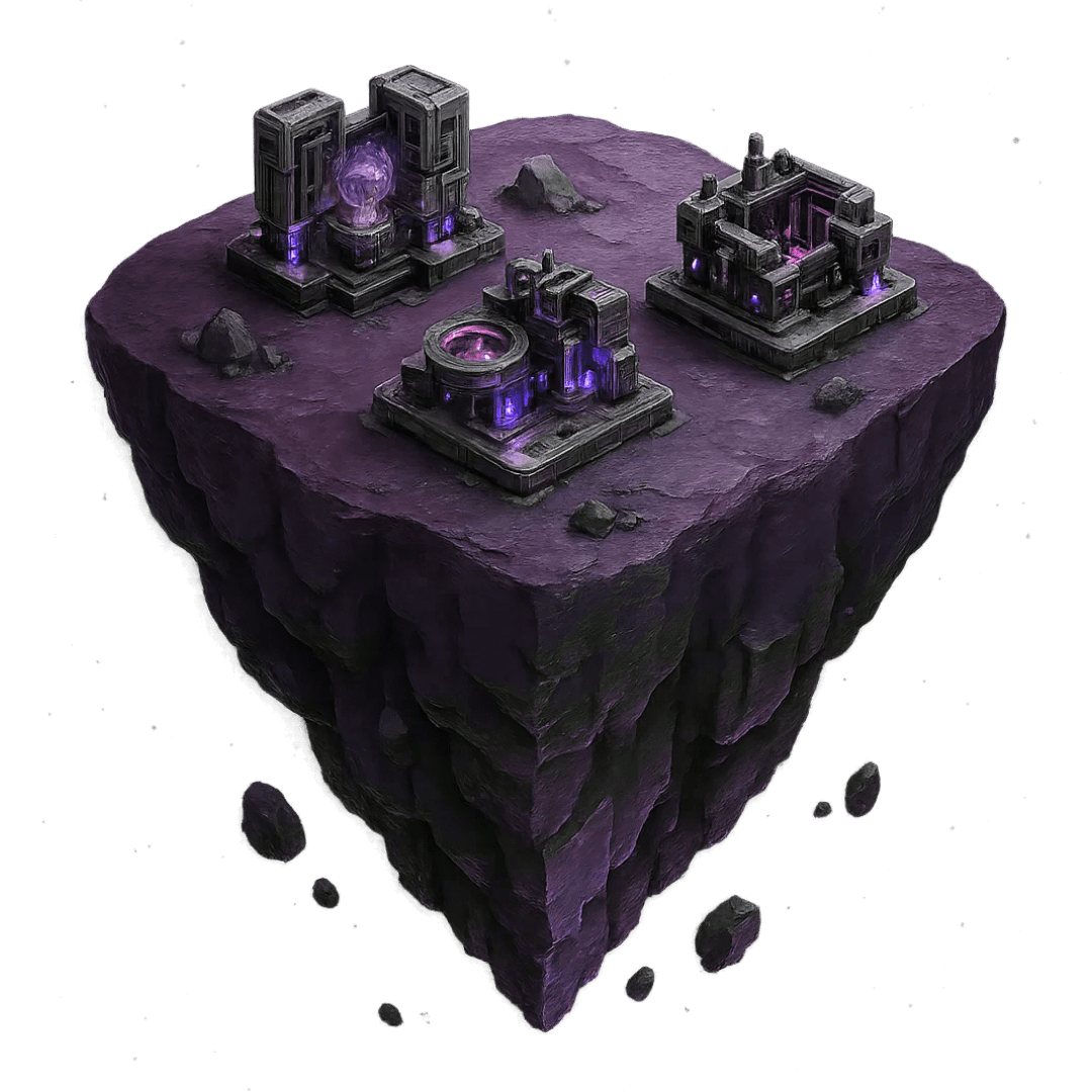 Game art services showing 3D game environment design featuring a floating island with futuristic sci-fi structures emitting purple energy, set against a starry space background with detailed terrain textures and atmospheric lighting