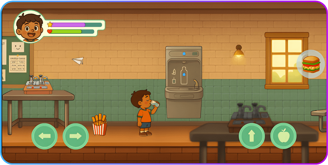 Bladder Defender, an educational game depicting a school's cafeteria scene with a child drinking water