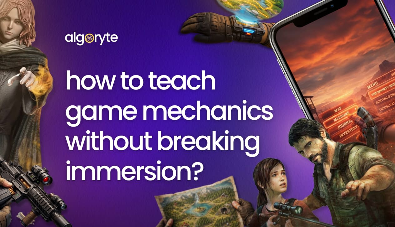 Game mechanics tutorial featuring diverse game characters and UI elements demonstrating how to teach gameplay without breaking immersion