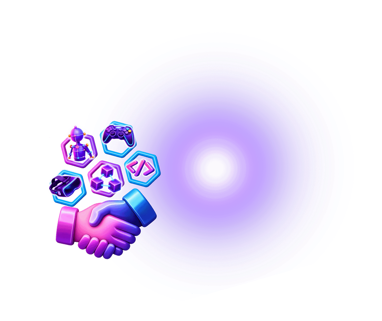 Staff augmentation services partnership illustration featuring game development, game art, VR, blockchain, and coding expertise icons with handshake