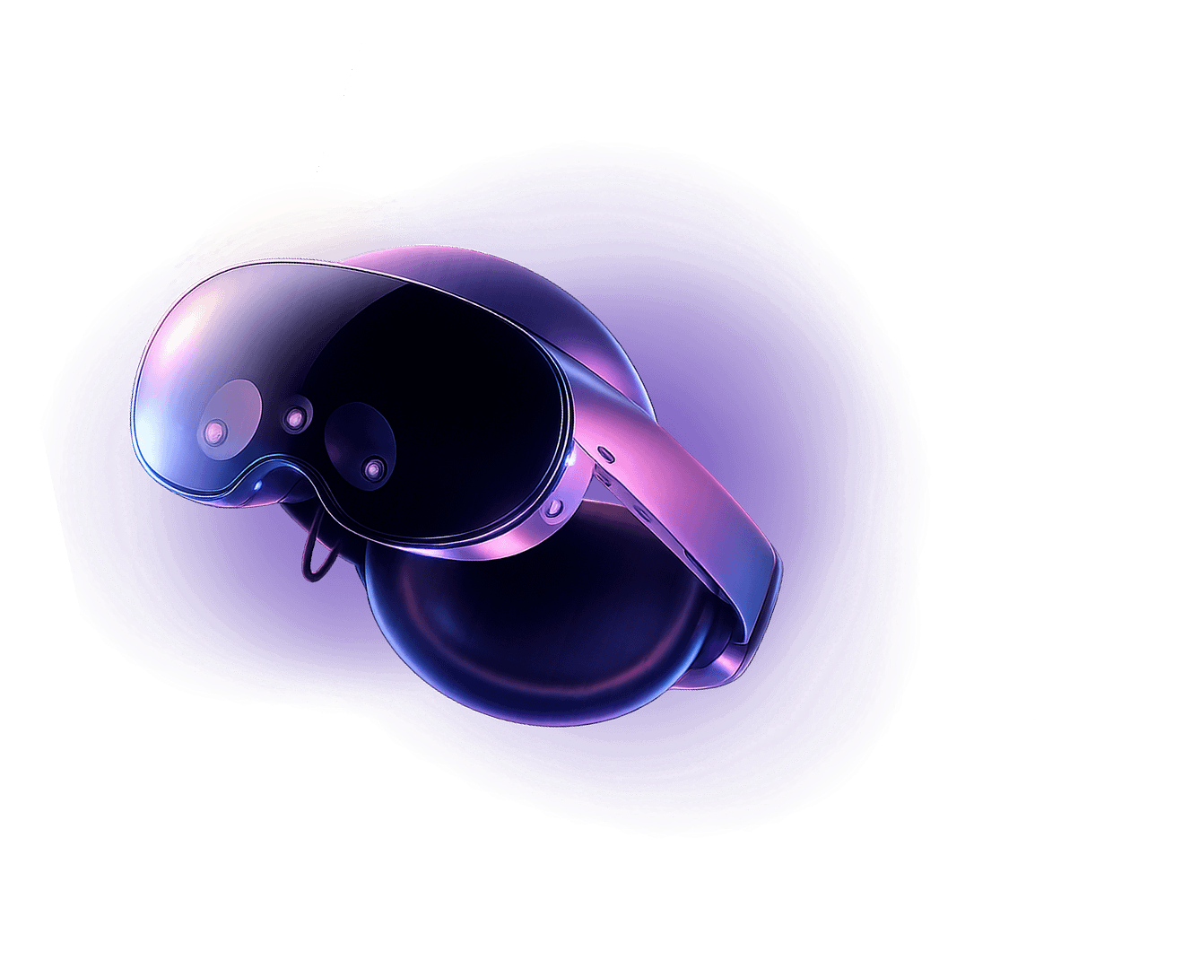 Virtual reality headset with purple and blue gradient finish showing sensors and cameras for augmented reality and mixed reality applications