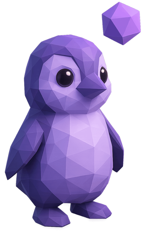 A low-poly penguin game character with geometric faceted design in purple shades