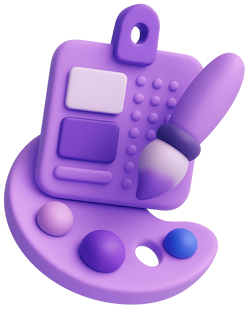 2D game concept art development featuring purple artist palette with paintbrush, color swatches, and design board for creative game asset ideation