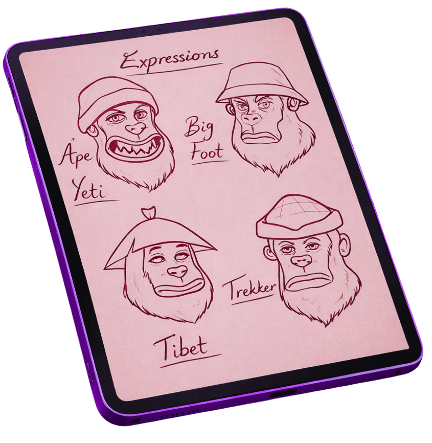 Game art concept development on a tablet featuring yeti character design