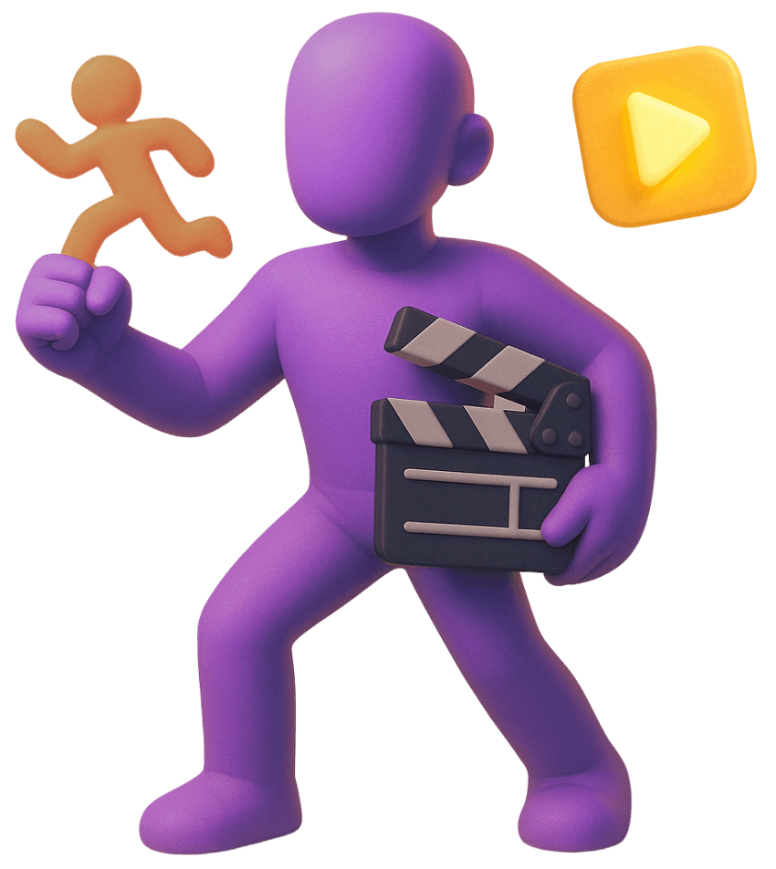 Game art 3D character animation with a purple character model holding a clapperboard and a play button icon