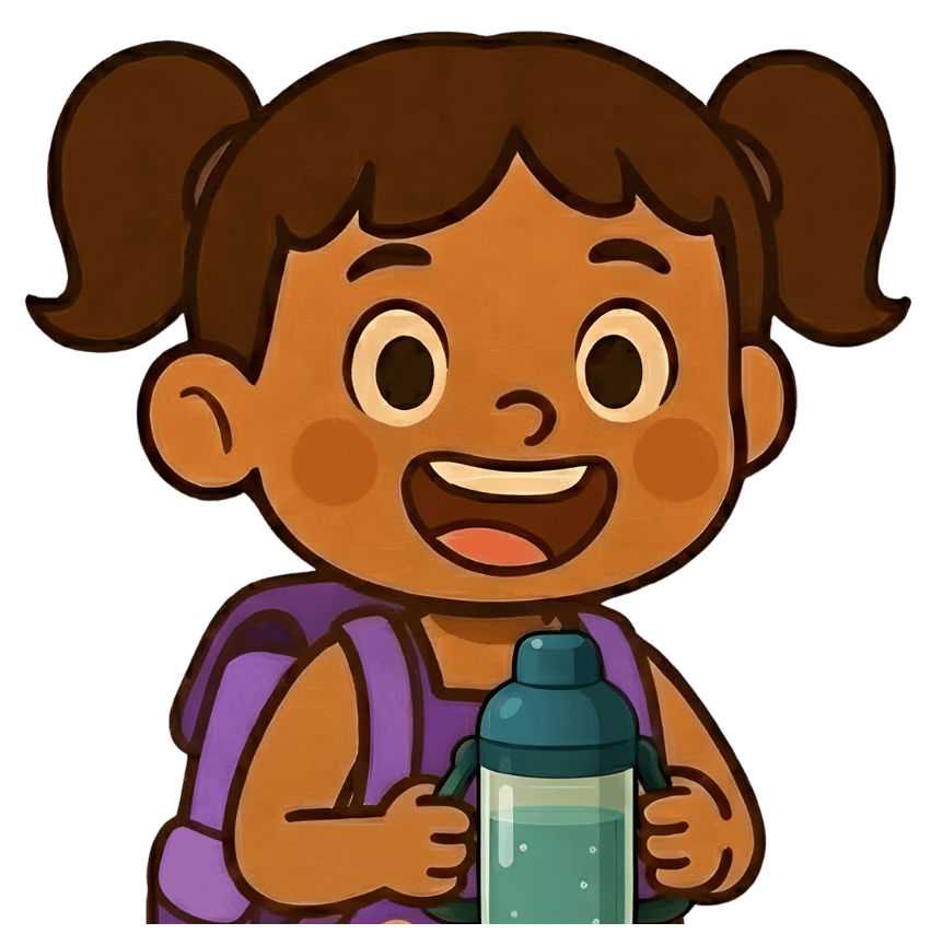2D game art service depicting a smiling school-going girl with her backpack and water bottle