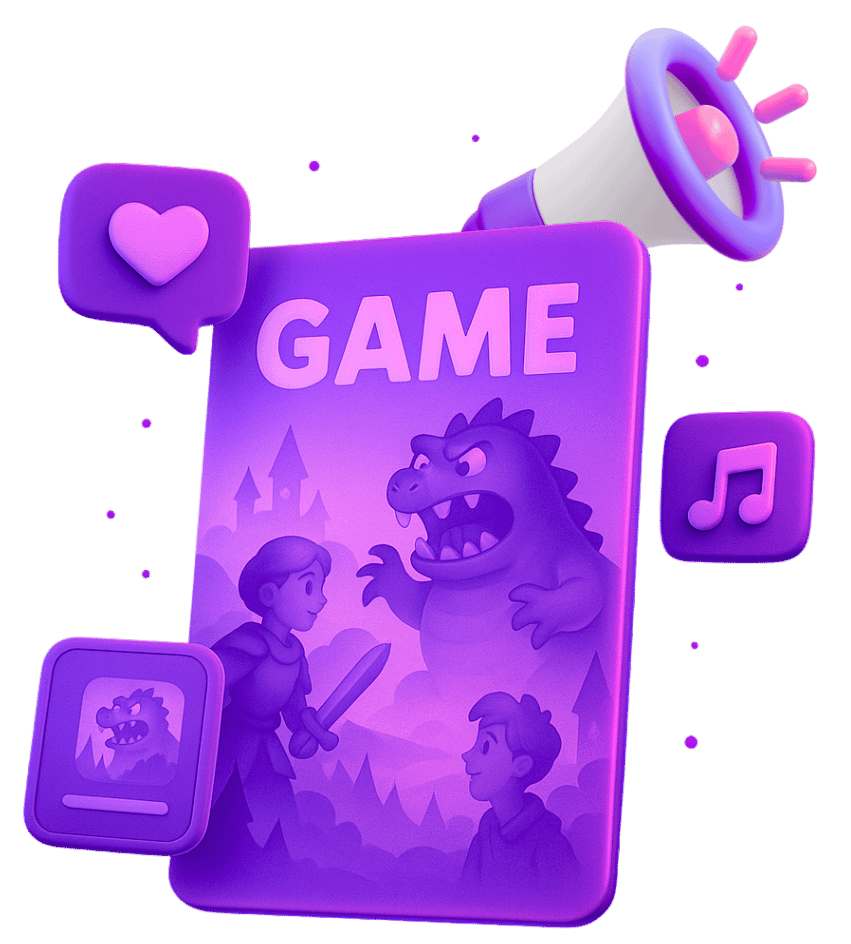 2D game art for marketing and promotion featuring game poster with characters, megaphone, social icons, and promotional design elements