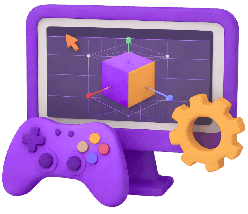 Game art engine integration with laptop displaying 3D asset in game engine viewport, game controller, and settings gear icon