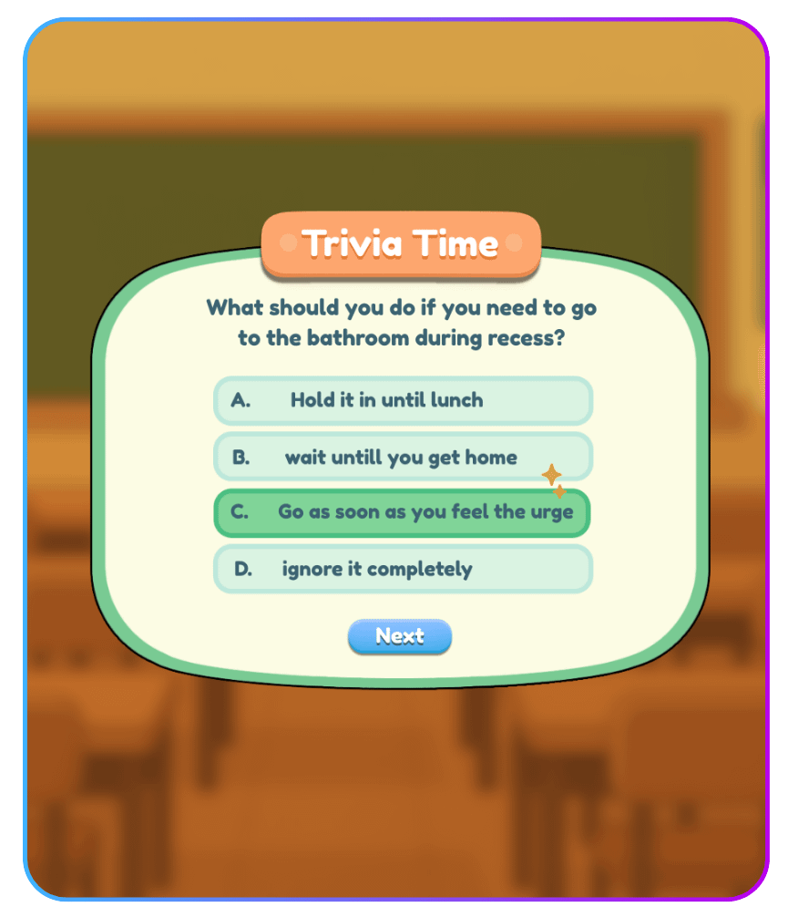 Bladder Defender, an educational game showing a trivia time pop-up