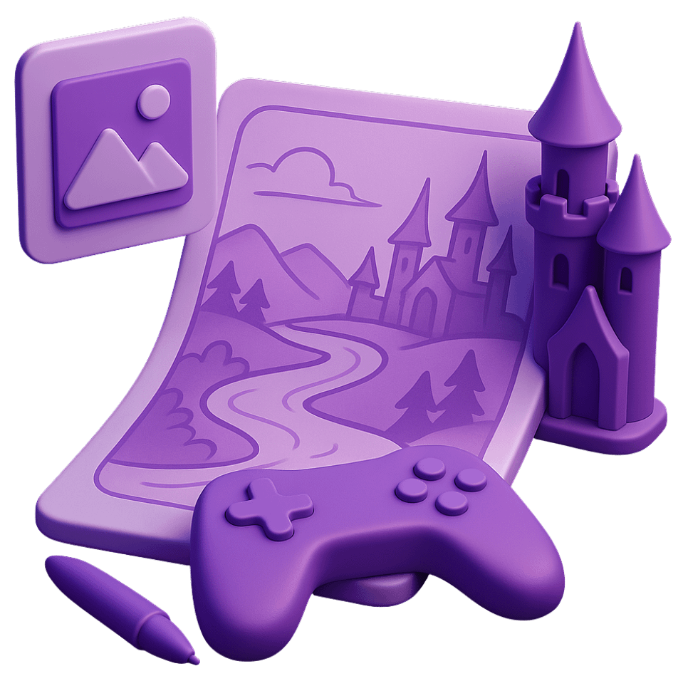 Concept art world-building with fantasy landscape sketch, purple castle model, and game controller